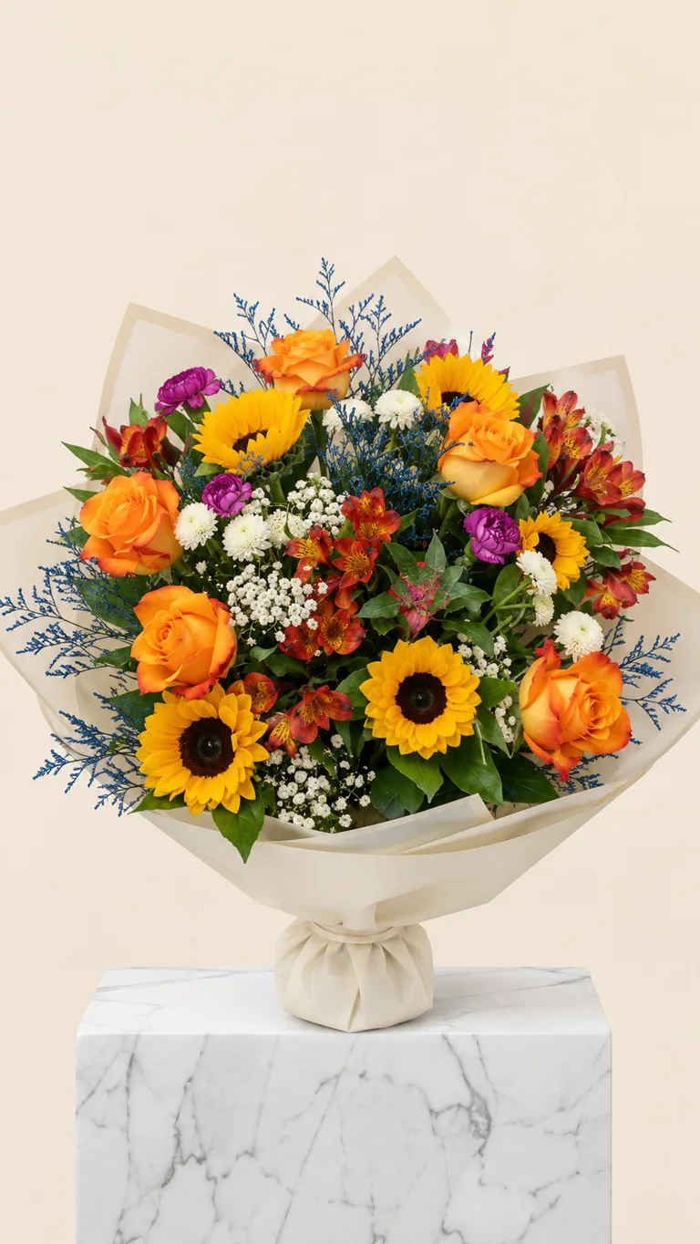 Bouquet di girasoli, rose arancioni e alstroemerie