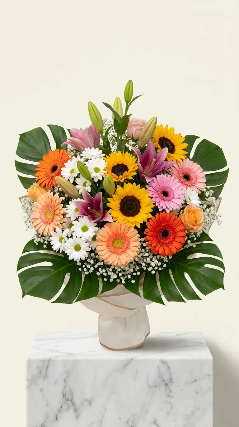 Bouquet con gerbere, girasoli e foglie di monstera