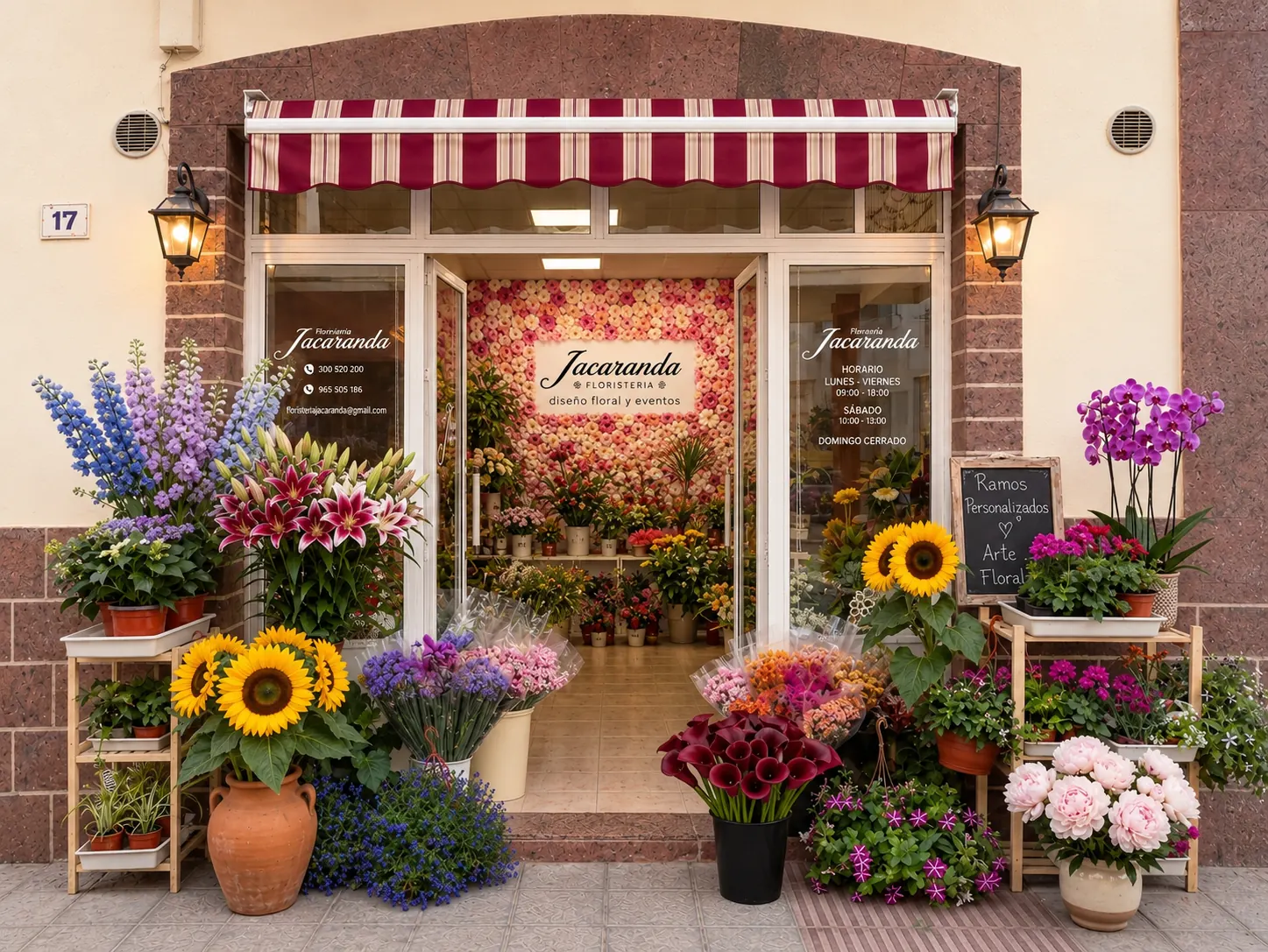 Vetrina di Jacaranda a Corralejo, con tenda bordeaux, lanterne e il marciapiede ricoperto di girasoli, gigli, orchidee e bouquet pronti
