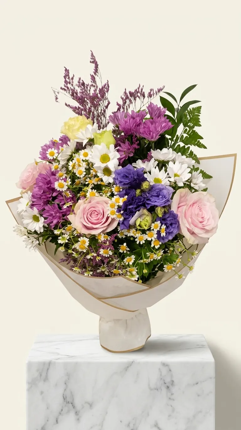 Bouquet di rose rosse con gipsofila su piedistallo di marmo