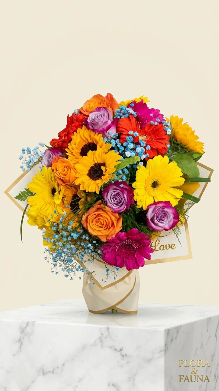 Bouquet colorato con girasoli, gerbere e gigli