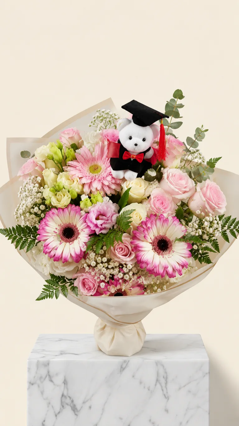 Bouquet di gerbere e rose rosa con orsetto della laurea