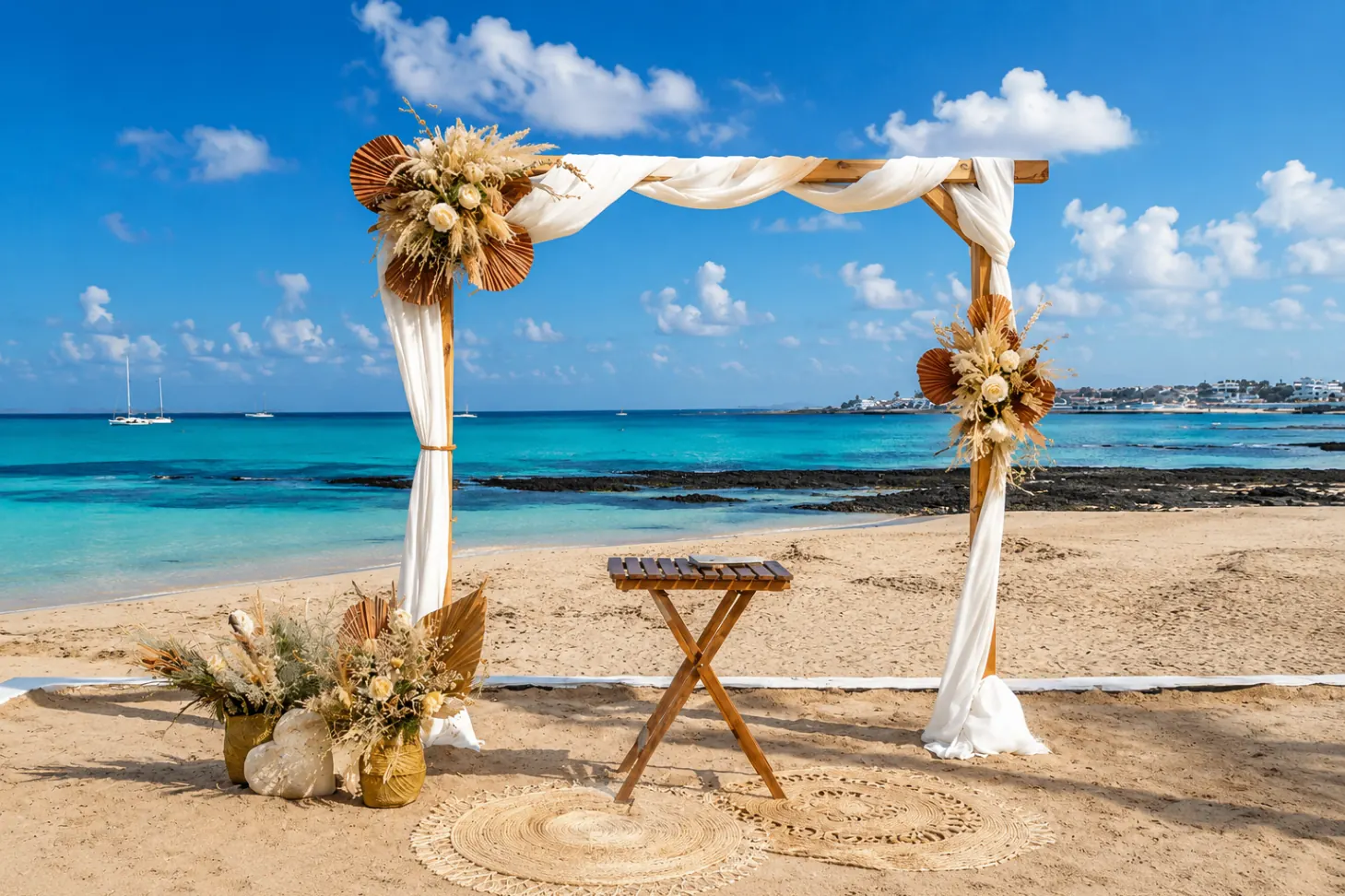 Allestimento floreale di matrimonio in spiaggia realizzato da Jacaranda