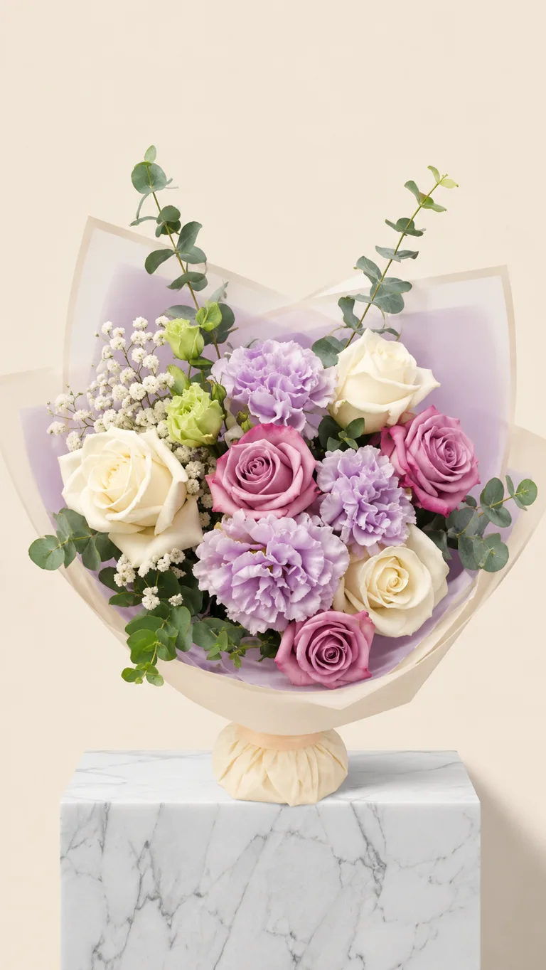 Bouquet di rose lilla e bianche con garofani ed eucalipto