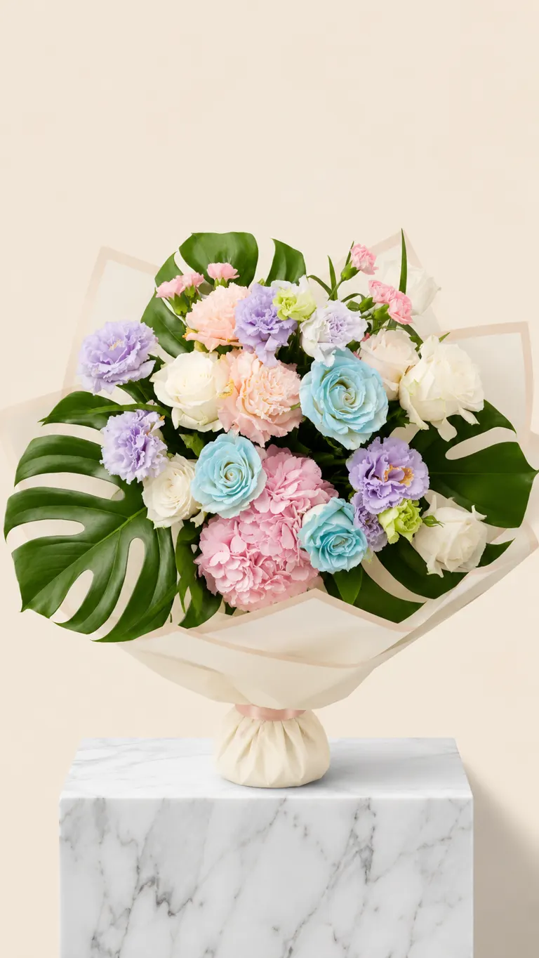 Bouquet pastello con rose azzurre, lisianthus lilla e foglie di monstera