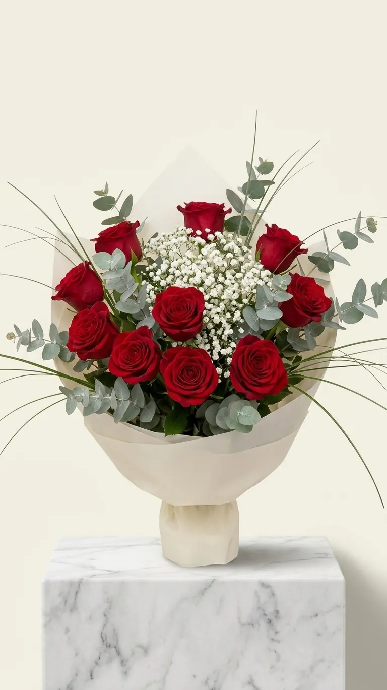 Bouquet di rose rosse con gipsofila ed eucalipto