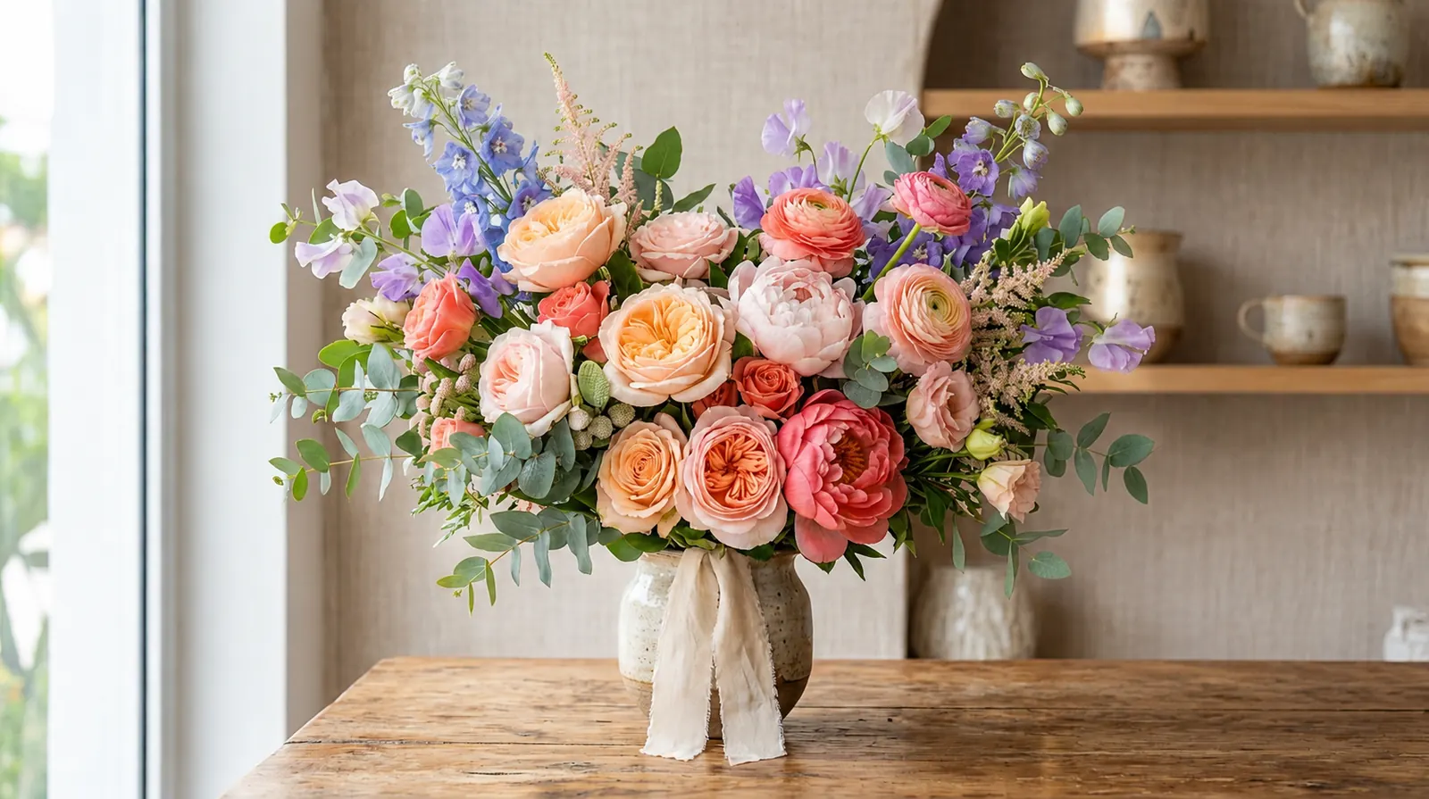 Bouquet artigianale di rose da giardino, peonie e ranuncoli nelle tonalità pesca, rosa e lilla in un vaso di ceramica su un tavolo di legno
