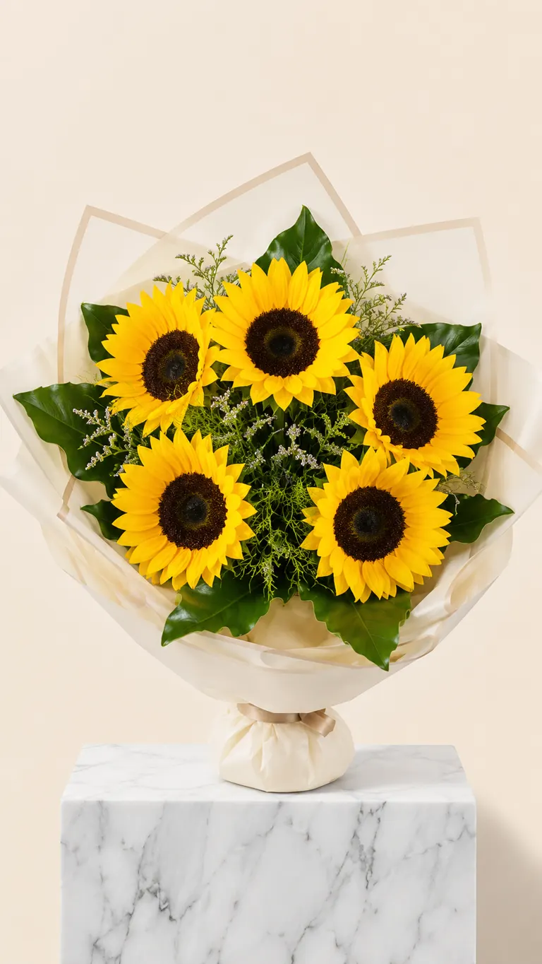 Bouquet di cinque girasoli con limonium e foglie verdi