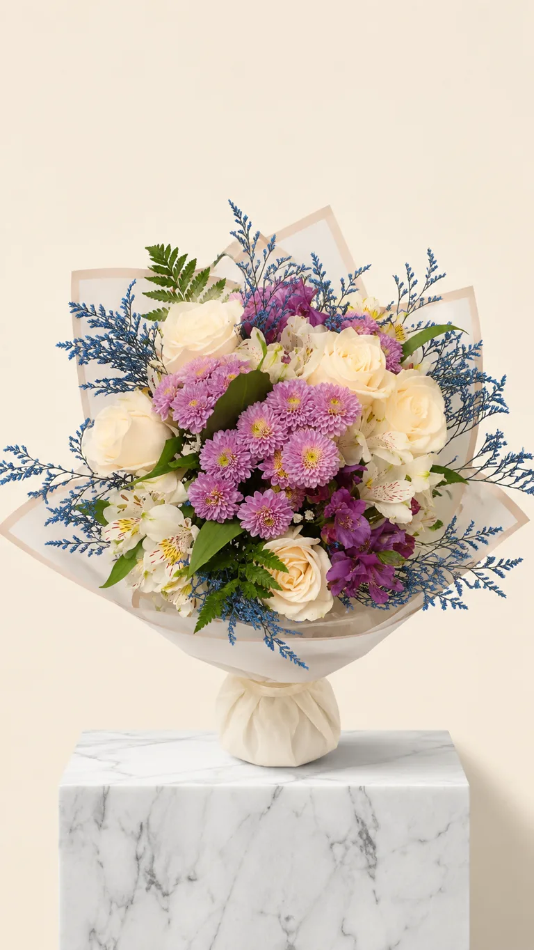 Bouquet di crisantemi lilla con rose bianche e limonium blu