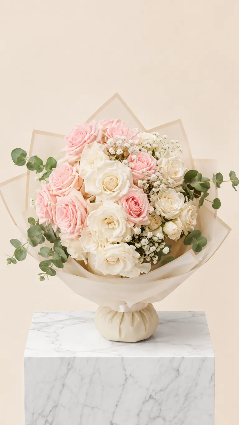 Bouquet di rose rosa e bianche con gipsofila ed eucalipto