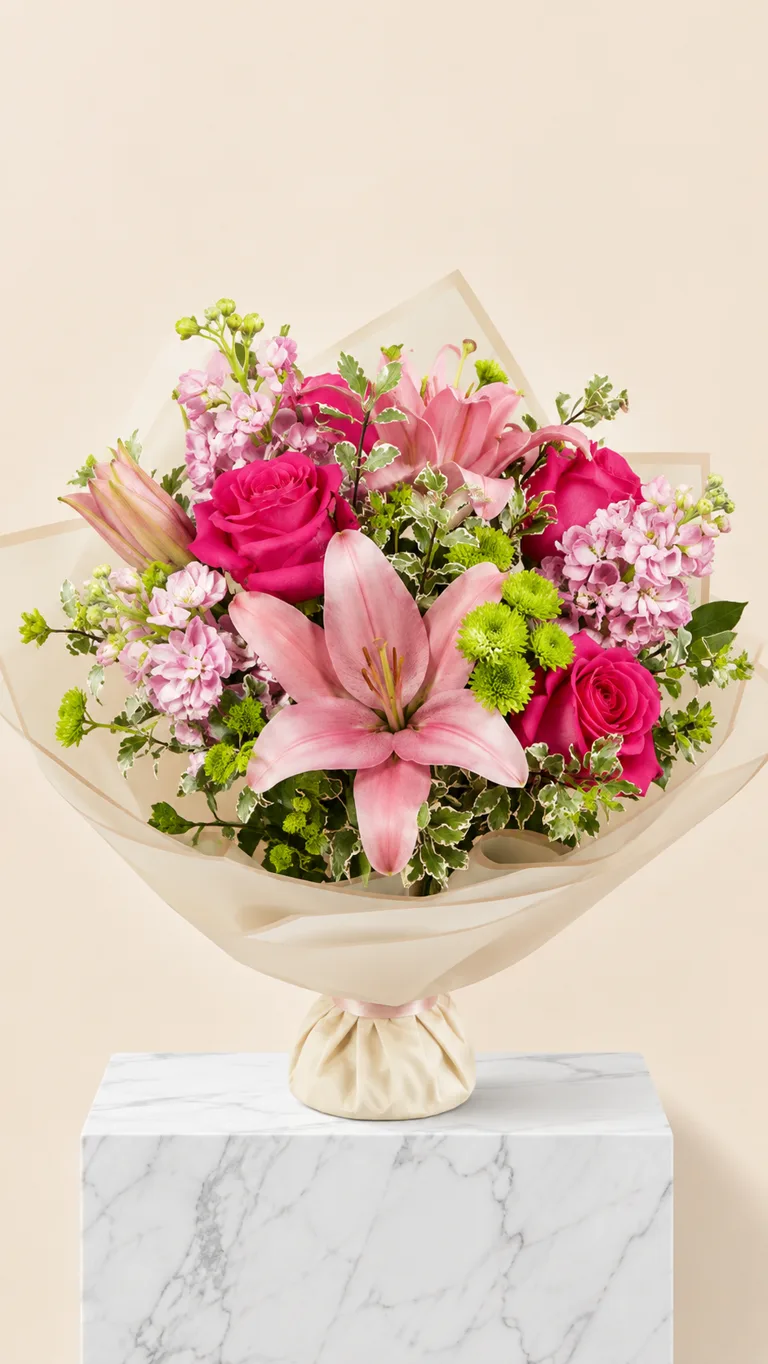 Bouquet di gigli rosa, rose fucsia e violaciocche