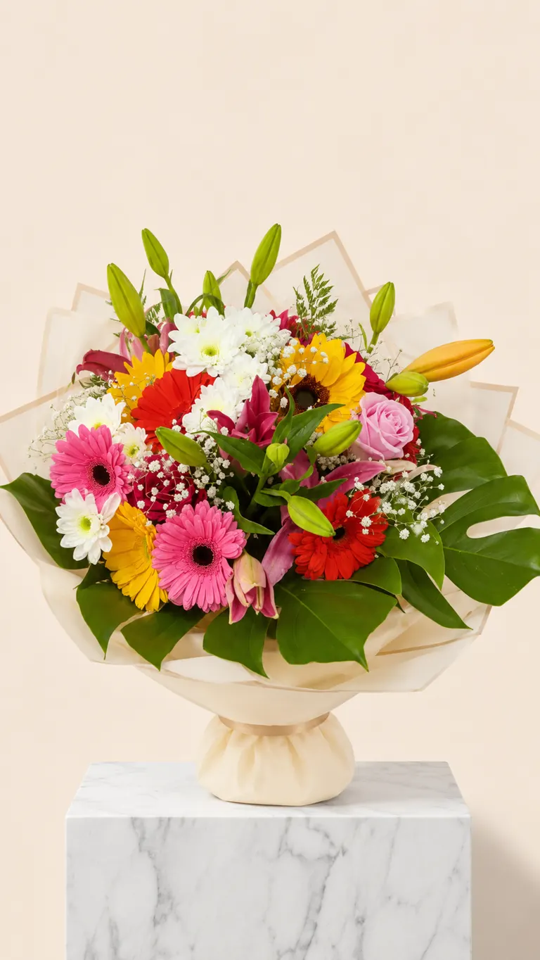 Bouquet colorato con gerbere, gigli e crisantemi bianchi