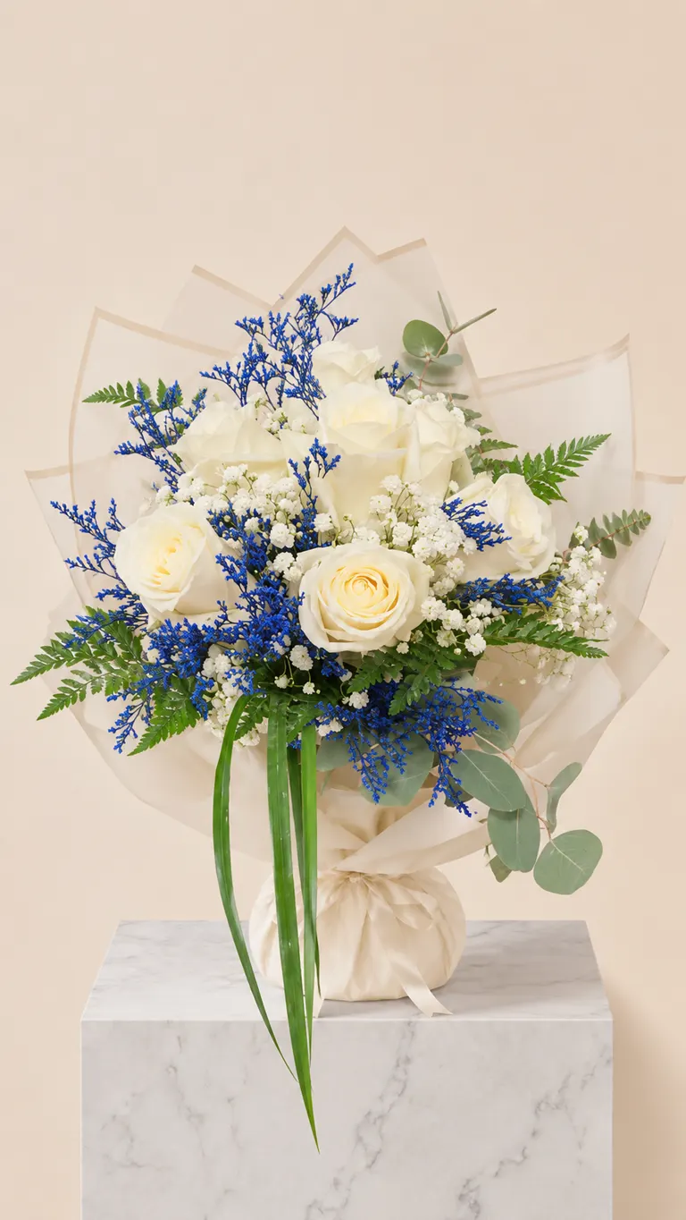 Bouquet di rose bianche con limonium blu e felce